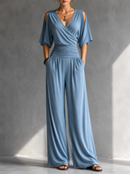 Mono Elegante Mujer con Escote Cruzado y Pernera Ancha | Mia