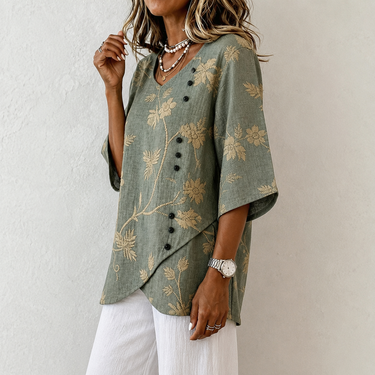 Blusa Floral Bordada manga 3/4 verde mujer  | Valentina