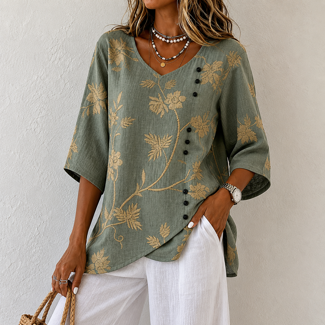 Blusa Floral Bordada manga 3/4 verde mujer  | Valentina