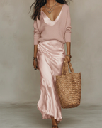 Vestido midi satinado con suéter mujer – elegante y versátil