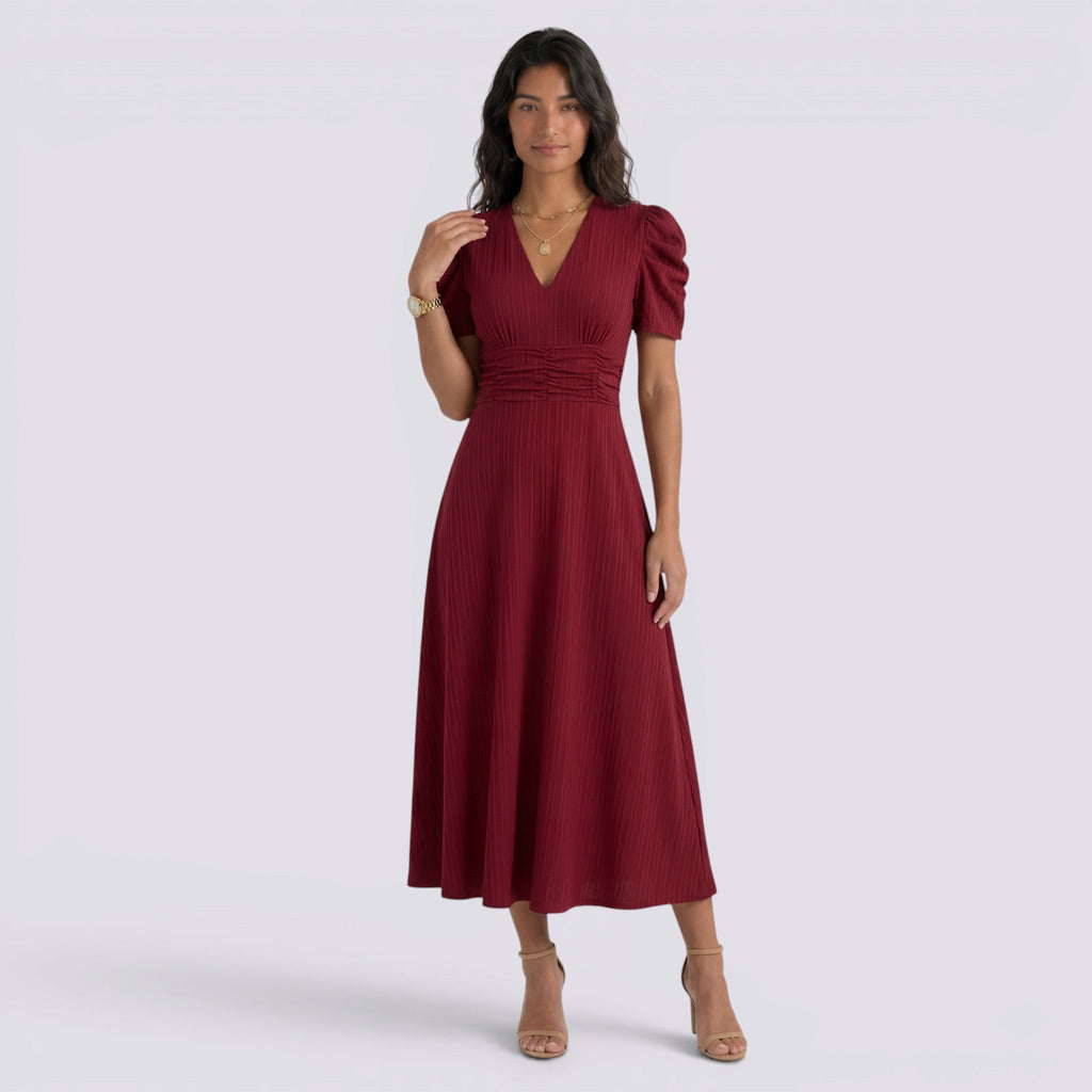 Vestido Midi Elegante Mujer Escote en V con Falda Fruncida | Cintura Alta
