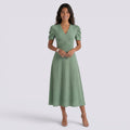 Vestido Midi Elegante Mujer Escote en V con Falda Fruncida | Cintura Alta