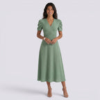Vestido Midi Elegante Mujer Escote en V con Falda Fruncida | Cintura Alta