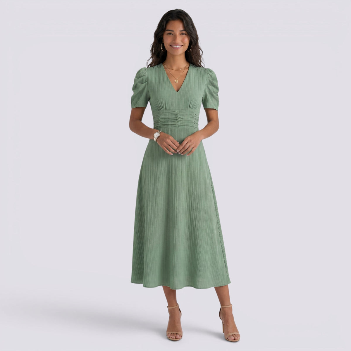 Vestido Midi Elegante Mujer Escote en V con Falda Fruncida | Cintura Alta