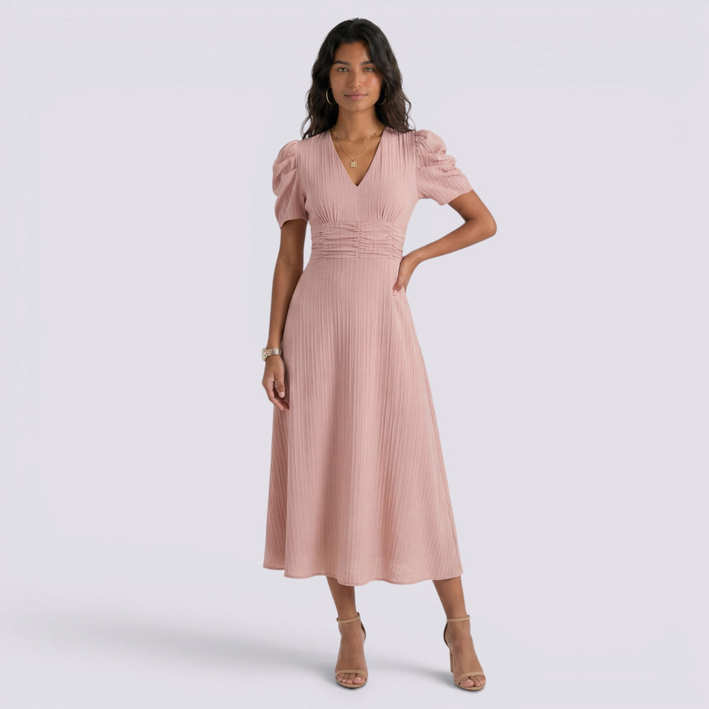 Vestido Midi Elegante Mujer Escote en V con Falda Fruncida | Cintura Alta