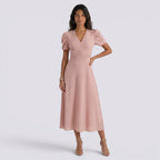 Vestido Midi Elegante Mujer Escote en V con Falda Fruncida | Cintura Alta