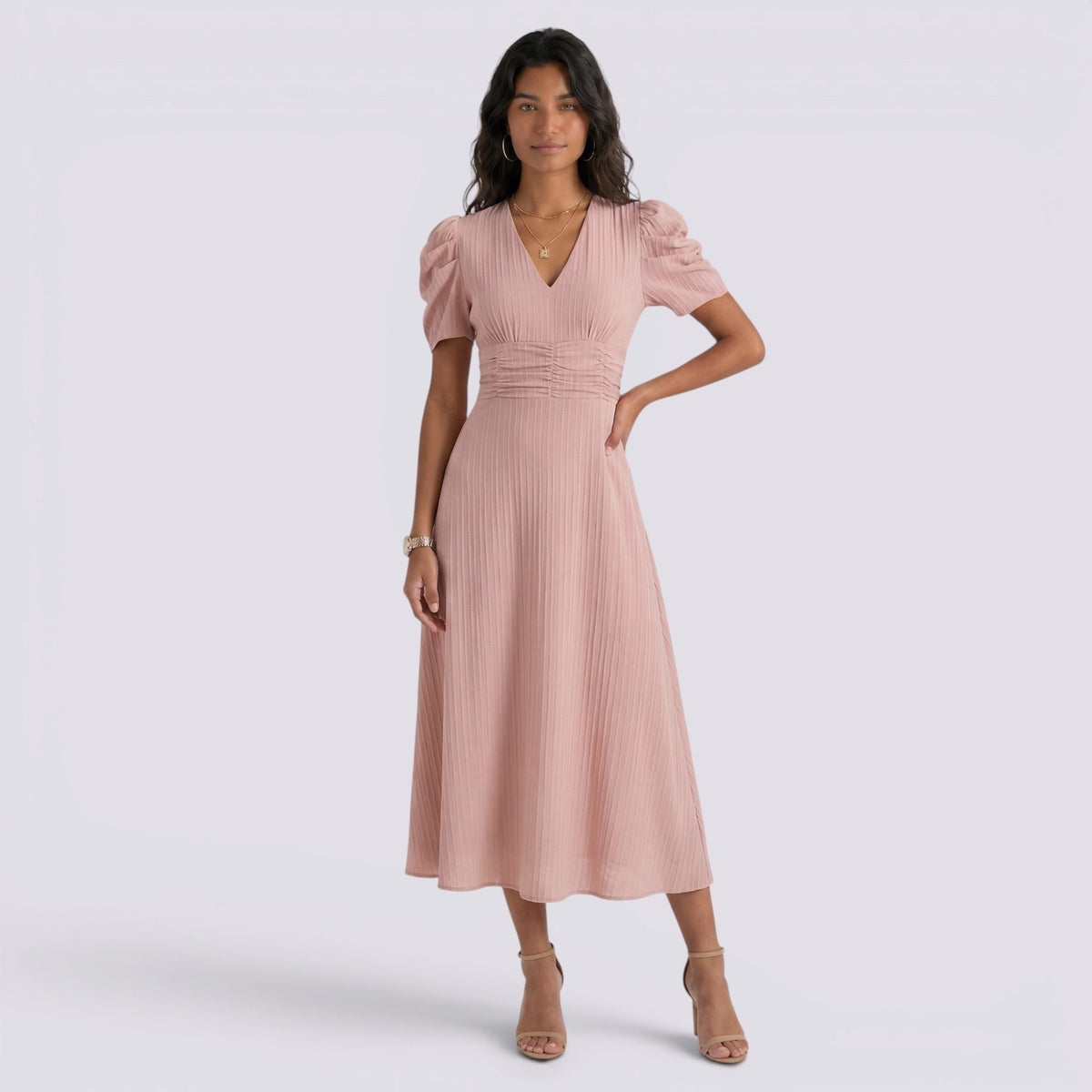 Vestido Midi Elegante Mujer Escote en V con Falda Fruncida | Cintura Alta