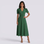Vestido Midi Elegante Mujer Escote en V con Falda Fruncida | Cintura Alta