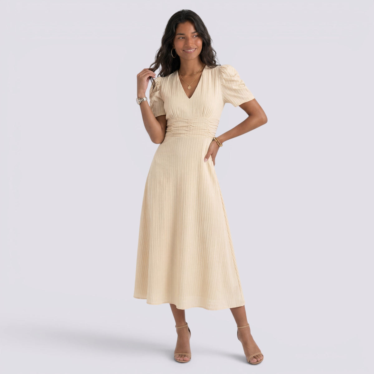 Vestido Midi Elegante Mujer Escote en V con Falda Fruncida | Cintura Alta