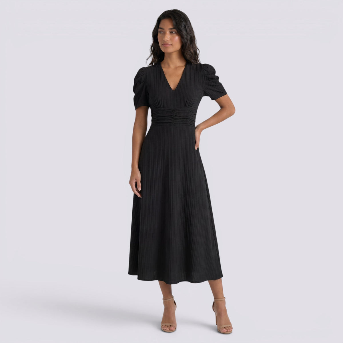 Vestido Midi Elegante Mujer Escote en V con Falda Fruncida | Cintura Alta