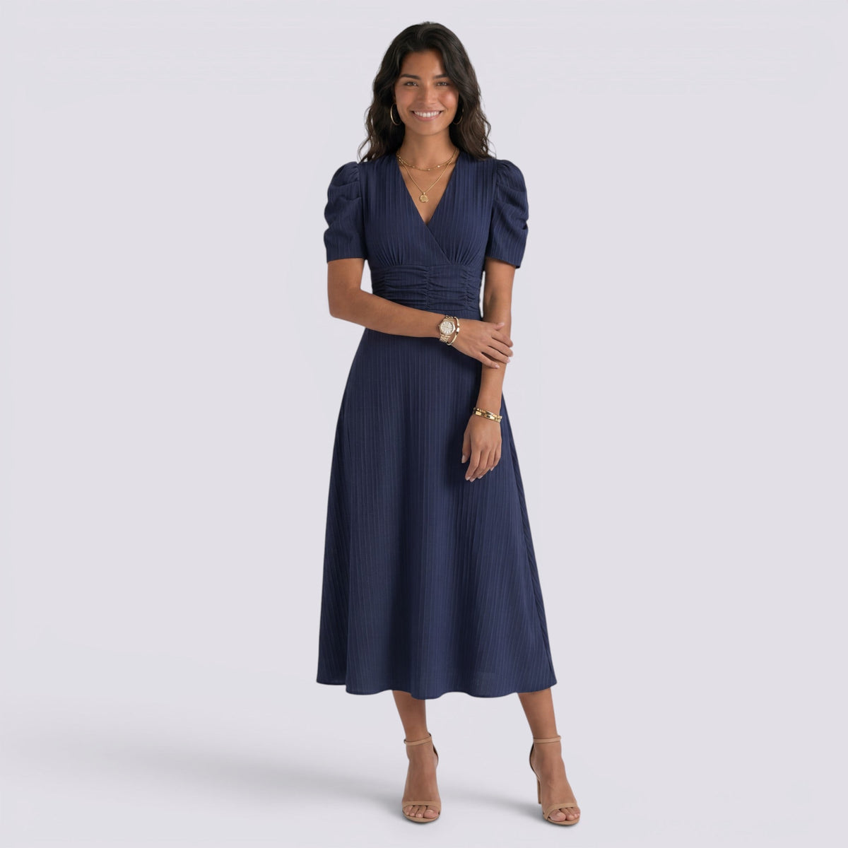 Vestido Midi Elegante Mujer Escote en V con Falda Fruncida | Cintura Alta