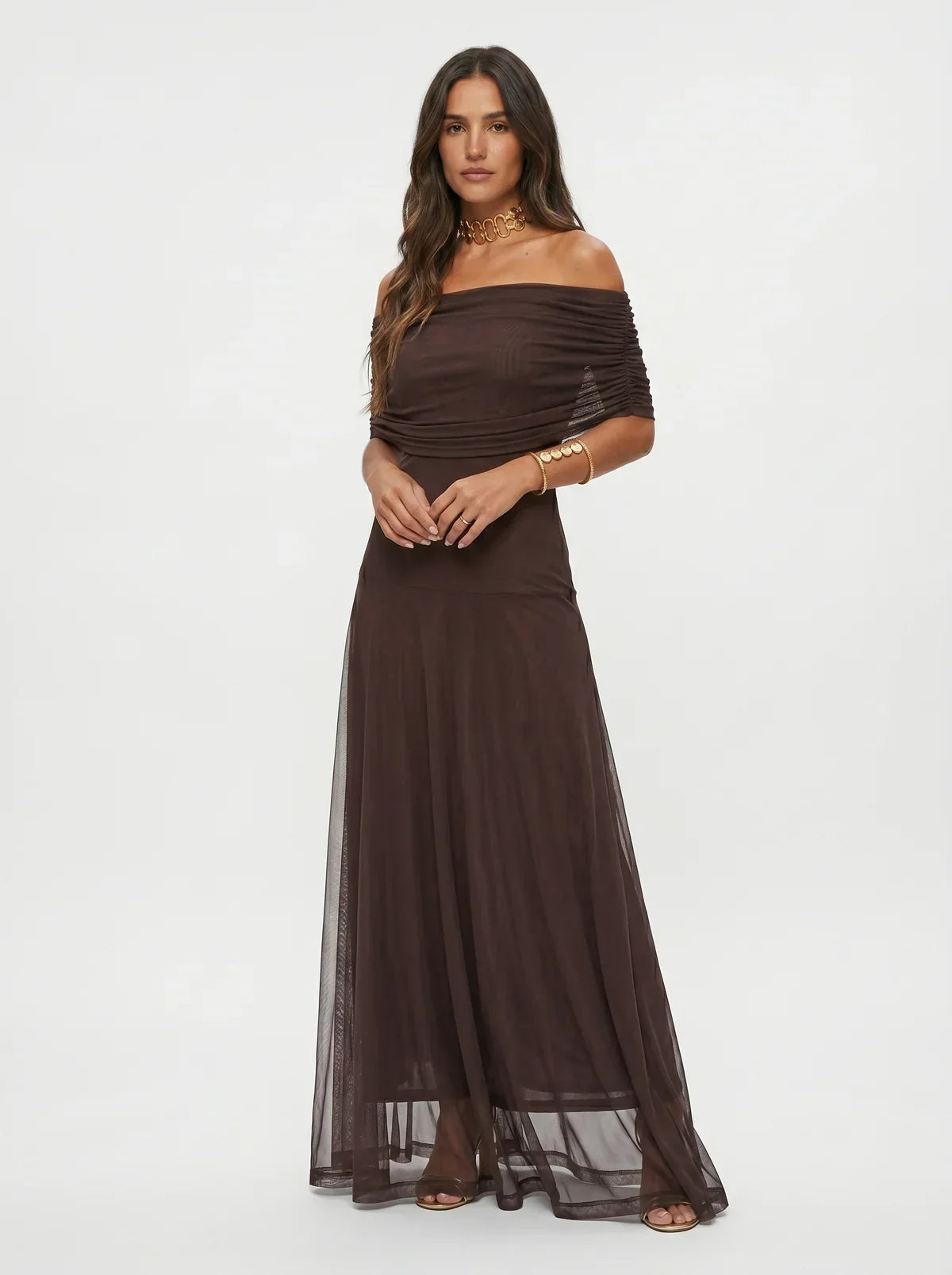Elegante vestido largo de invitada de boda y de ceremonia con escote drapeado al hombro | Largo