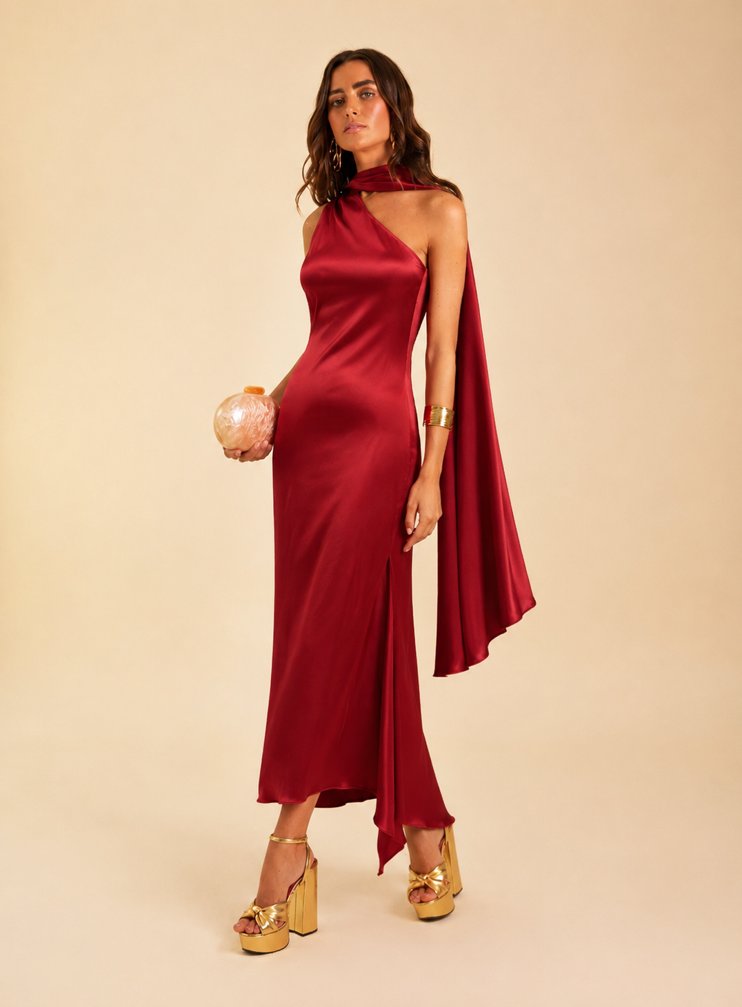 Vestido rojo midi asimetrico | Sara