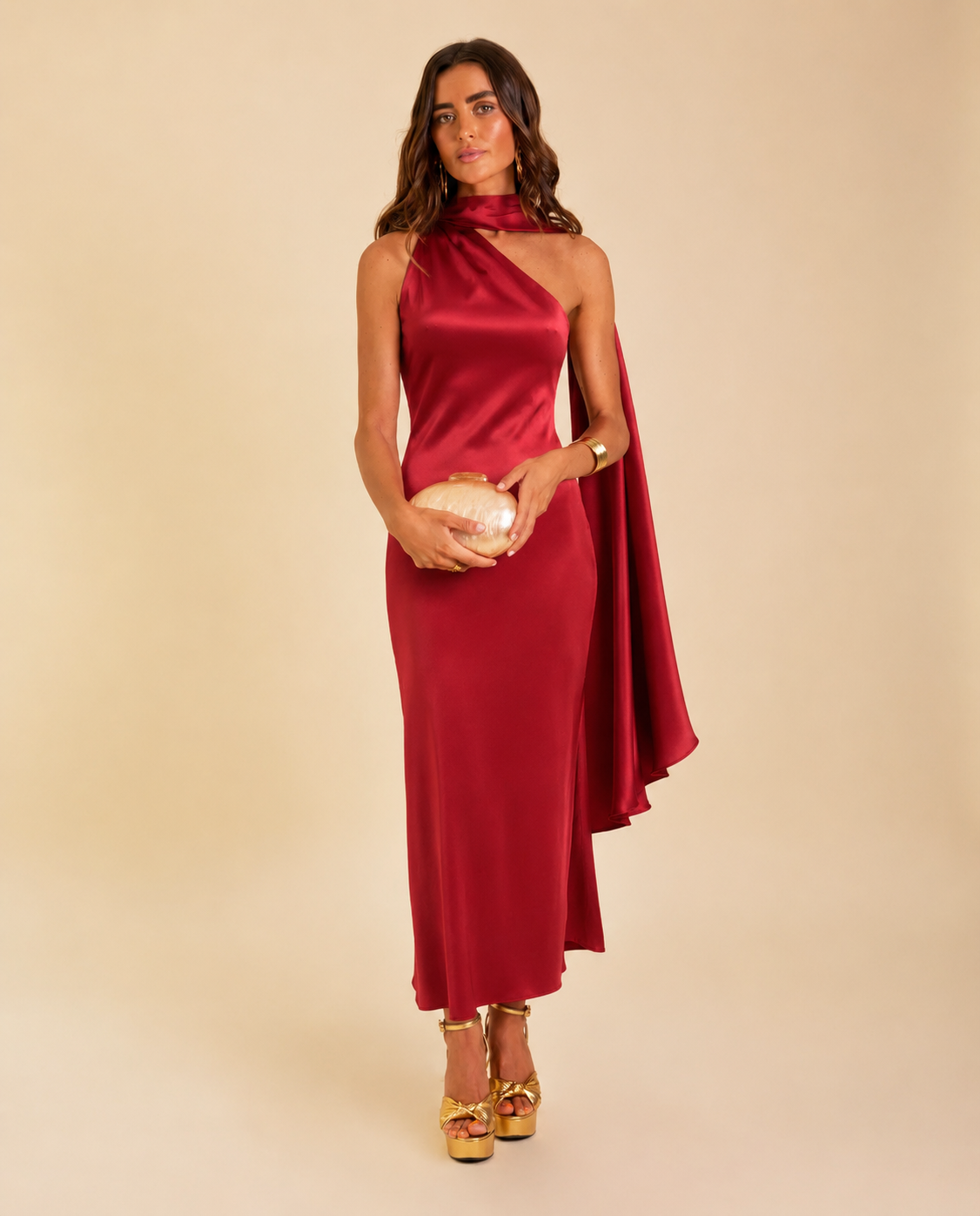 Vestido rojo midi asimetrico | Sara