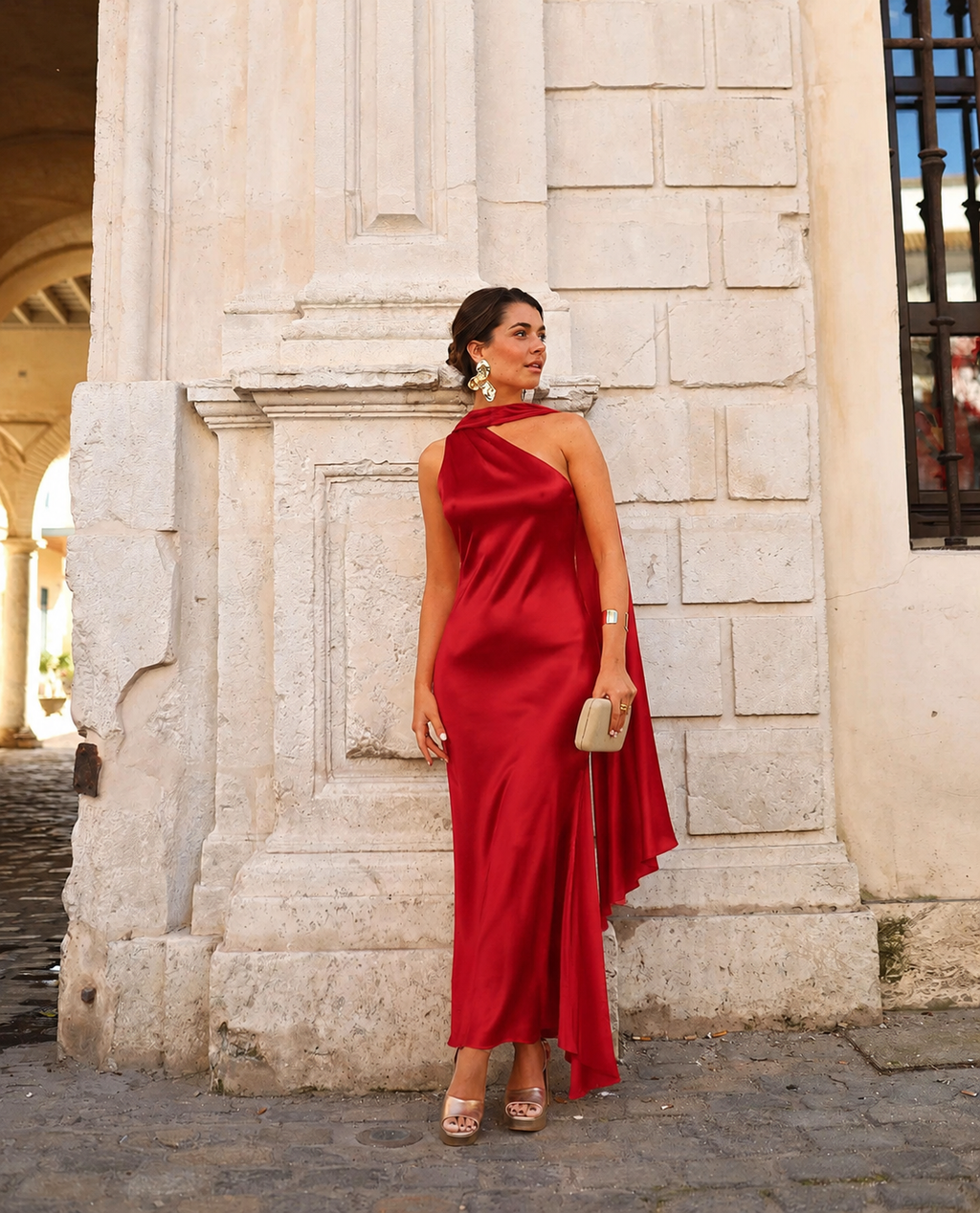 Vestido rojo midi asimetrico | Sara