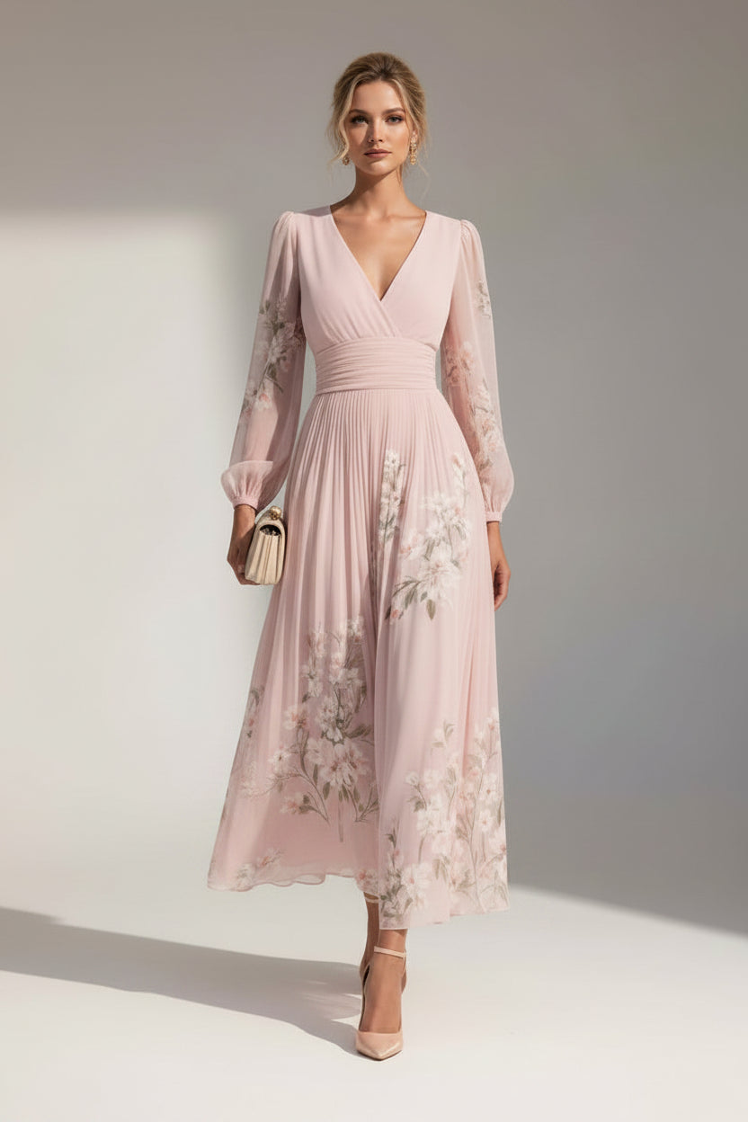 Vestido Midi Floral con Escote en V para Mujer