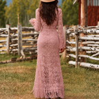 Vestido Largo Blanco Mujer Encaje Boho con Flecos - Vestido Invitada Boda Cuello V Otoño