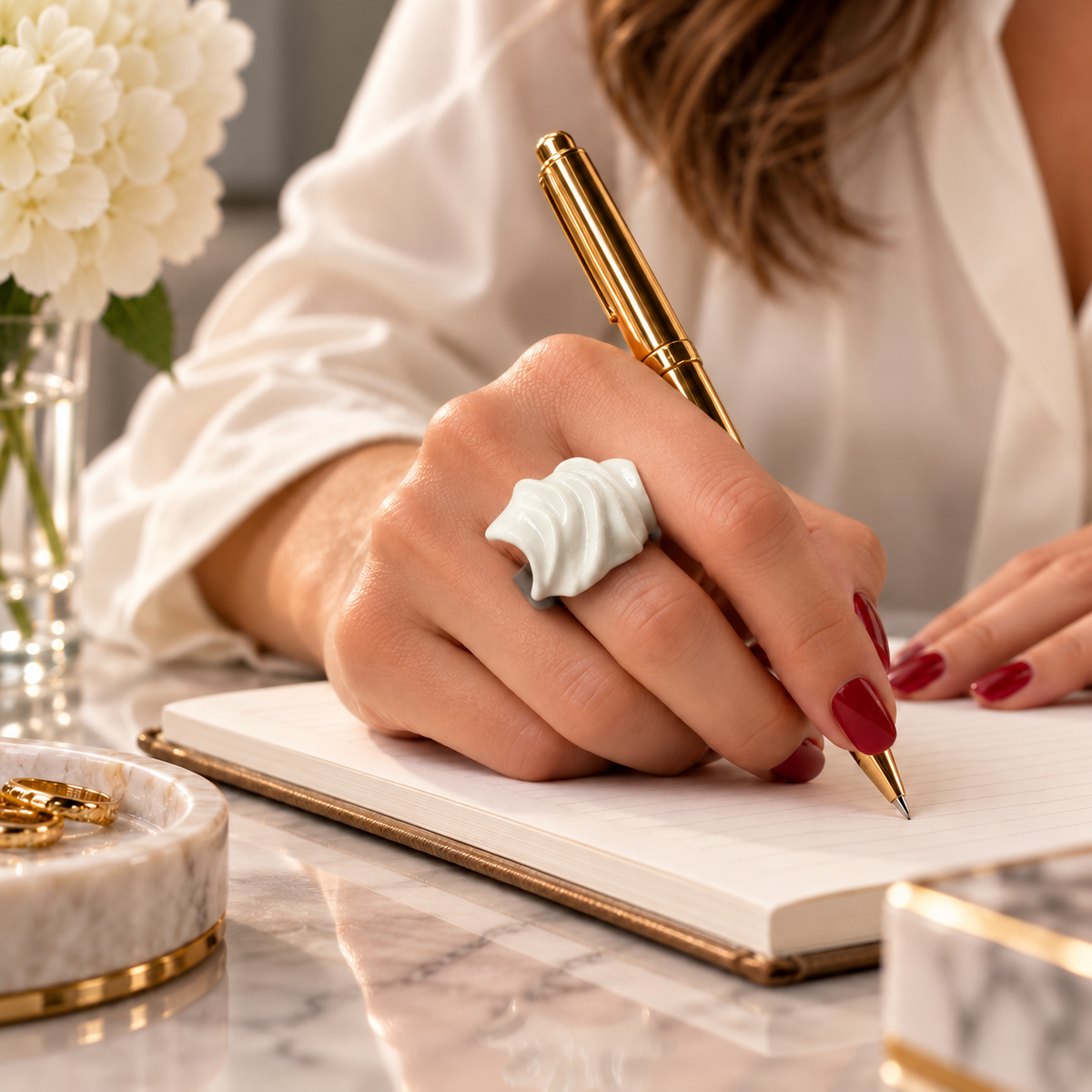 Anillos de cerámica hecho a mano, blanco – Base de acero ajustable, modelo Petalos