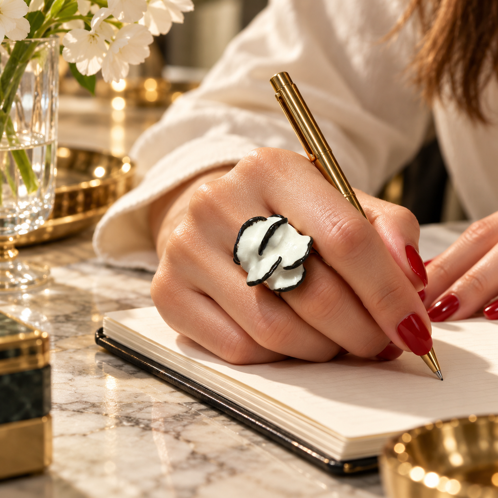 Anillos de cerámica hecho a mano, blanco y negro – Base de acero ajustable, modelo Flamenca