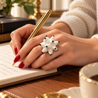 Anillos de cerámica hecho a mano, blanco y negro – Base de acero ajustable, modelo Erizo de mar