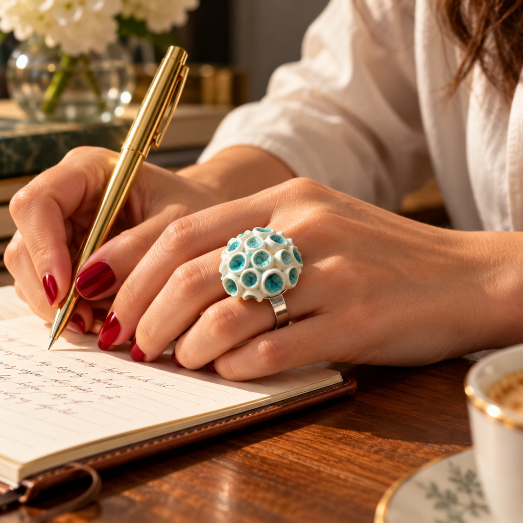 Anillos de cerámica hecho a mano, blanco y turquesa – Base de acero ajustable, modelo Coral