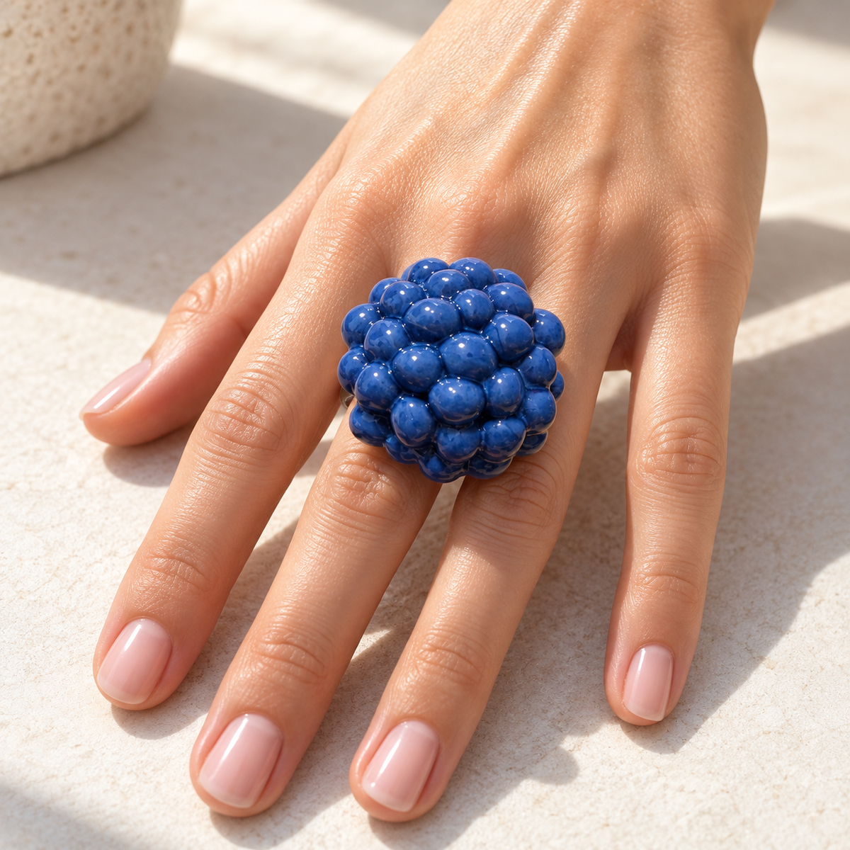 Anillos de cerámica hecho a mano, azul – Base de acero ajustable, modelo Mora