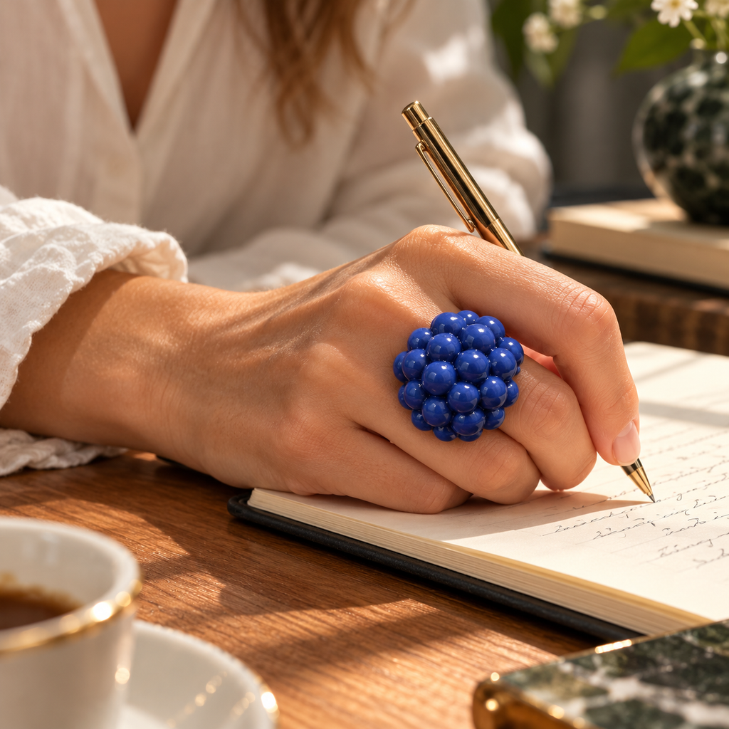 Anillos de cerámica hecho a mano, azul – Base de acero ajustable, modelo Mora