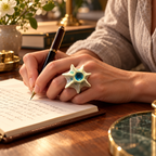 Anillo de gres cerámico hecho a mano, crema y turquesa – Base de acero ajustable, modelo Corazón de mar