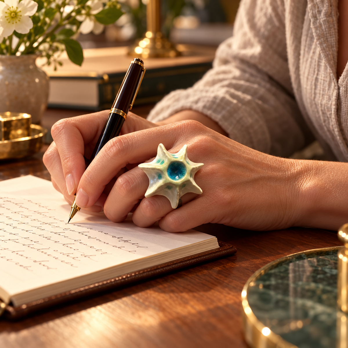Anillo de gres cerámico hecho a mano, crema y turquesa – Base de acero ajustable, modelo Corazón de mar