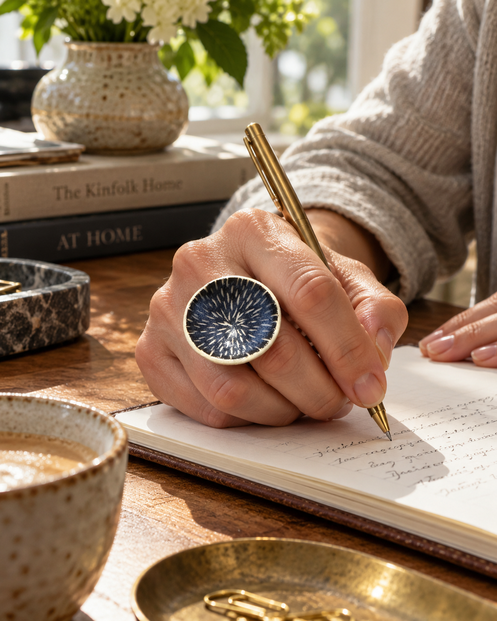 Anillo de gres cerámico hecho a mano, azul y crema – Base de acero ajustable, modelo Lluvia de estrellas