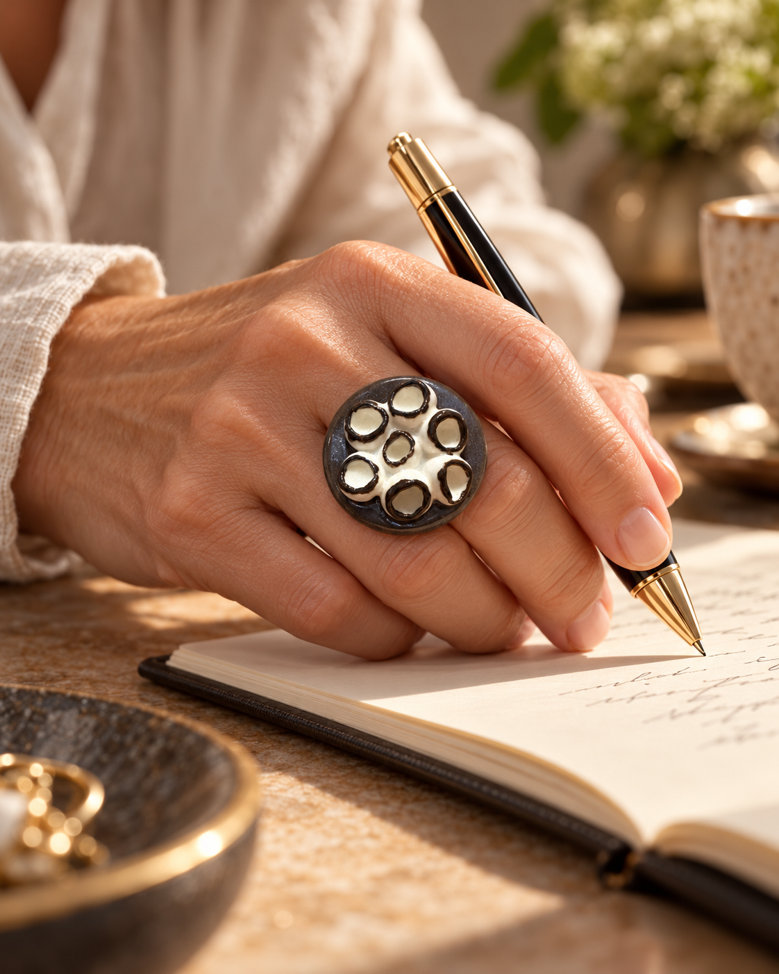 Anillos de cerámica hecho a mano, blanco y negro – Base de acero ajustable, modelo Flor de mar