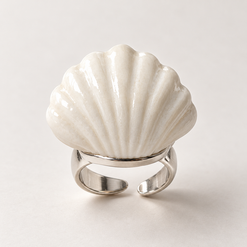 Anillos de cerámica hecho a mano, blanco – Base de acero ajustable, modelo Perla del mar