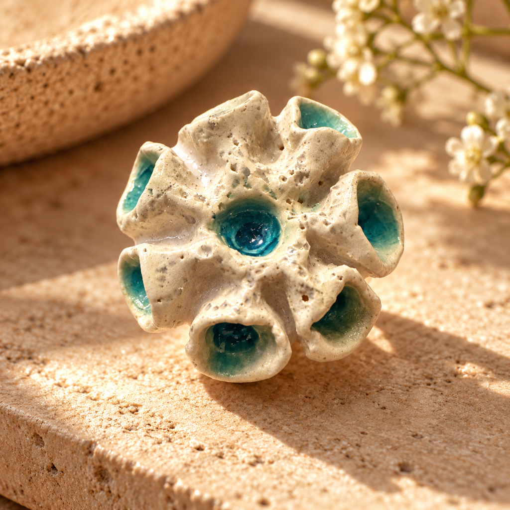Anillo de gres cerámico hecho a mano, crema y turquesa – Base de acero ajustable, modelo Ninfa del mar