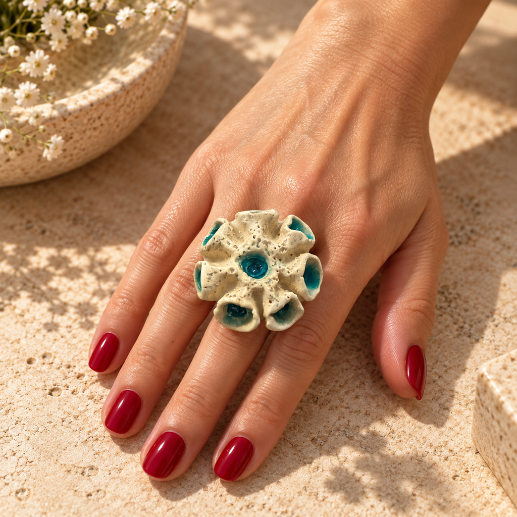Anillo de gres cerámico hecho a mano, crema y turquesa – Base de acero ajustable, modelo Ninfa del mar