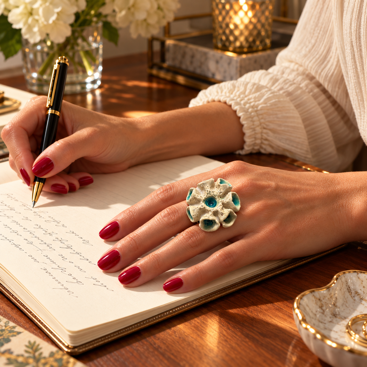 Anillo de gres cerámico hecho a mano, crema y turquesa – Base de acero ajustable, modelo Ninfa del mar