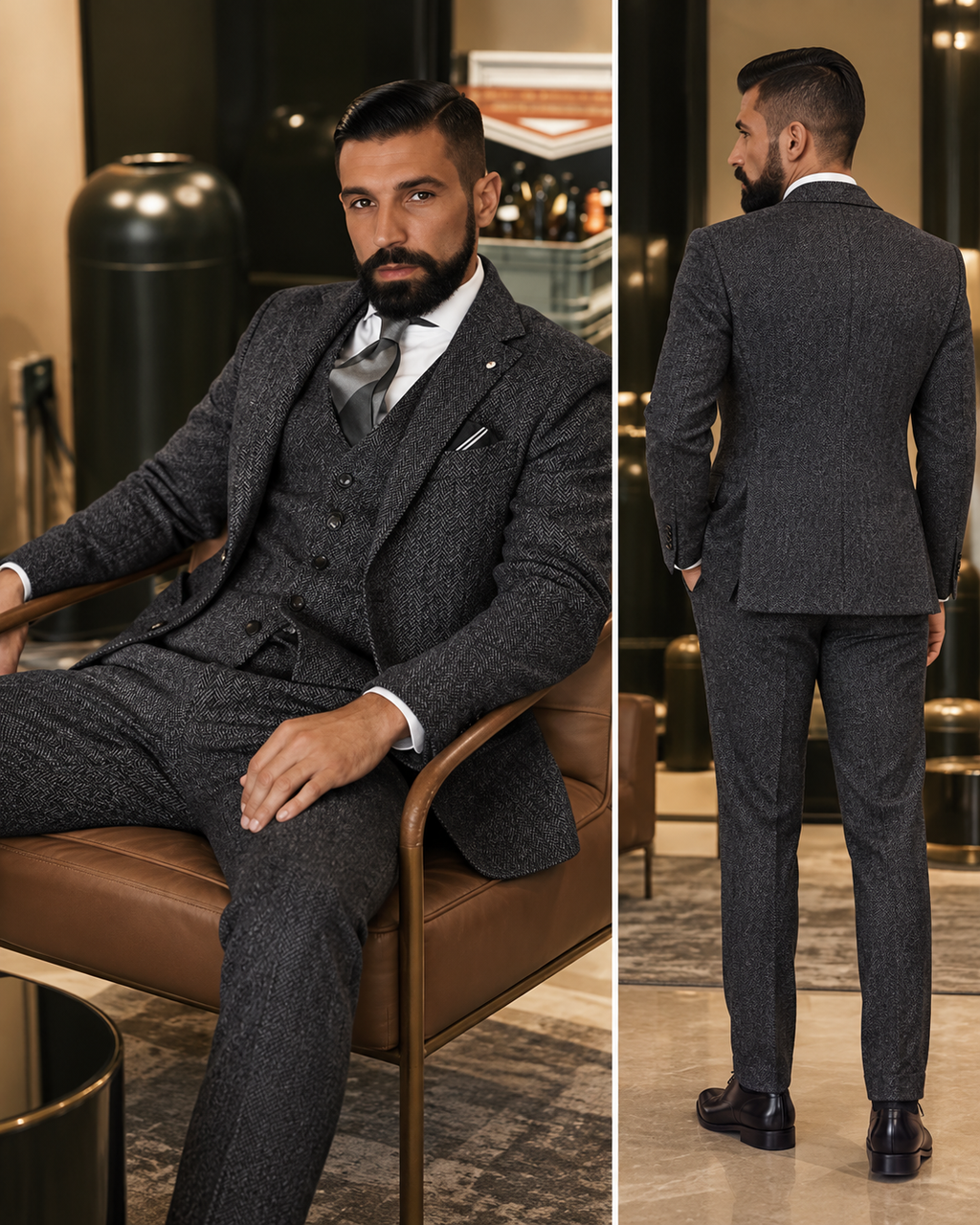 Traje Hombre Tres Piezas Espiga Estilo Británico Slim Fit Elegante