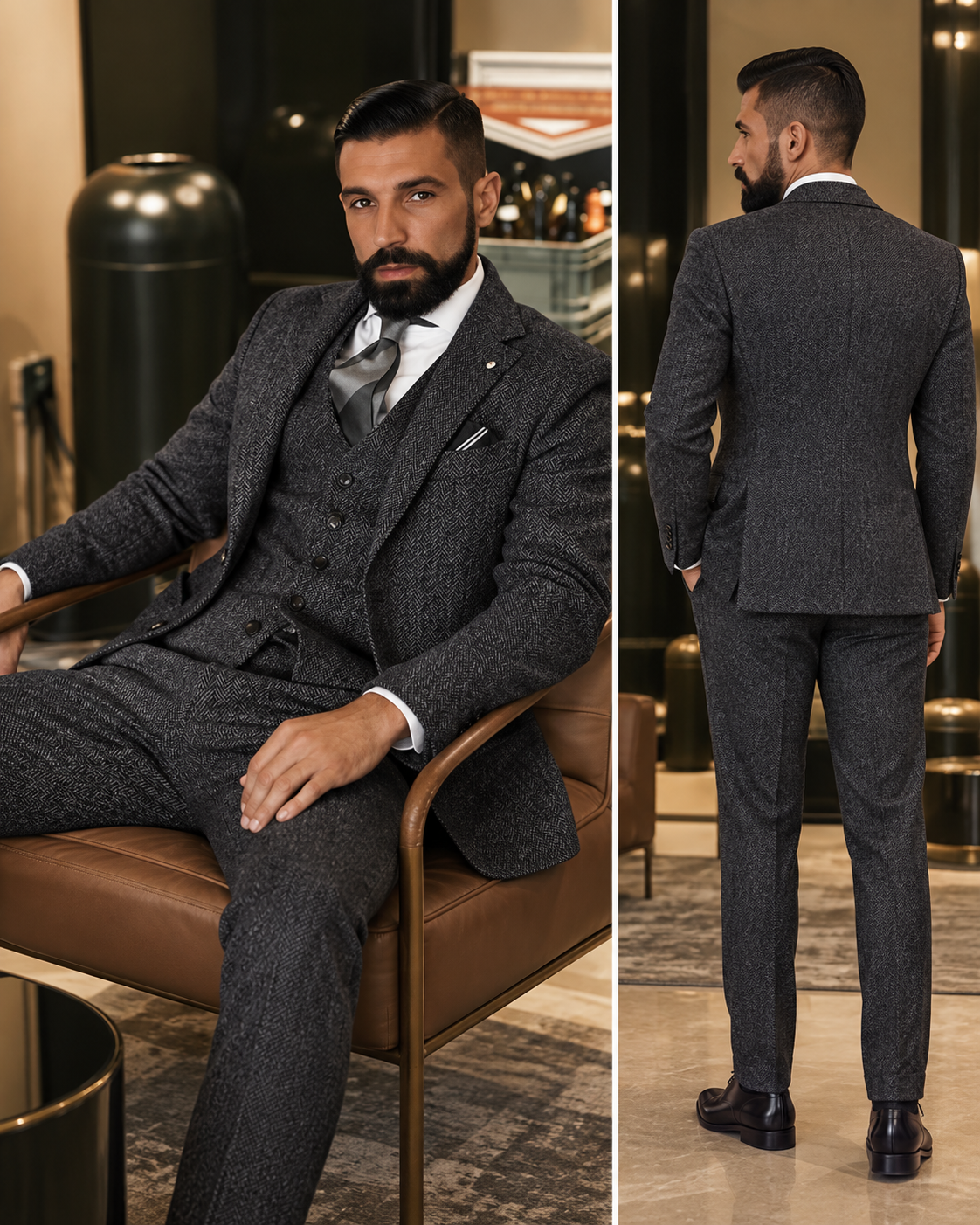 Traje Hombre Tres Piezas Espiga Estilo Británico Slim Fit Elegante
