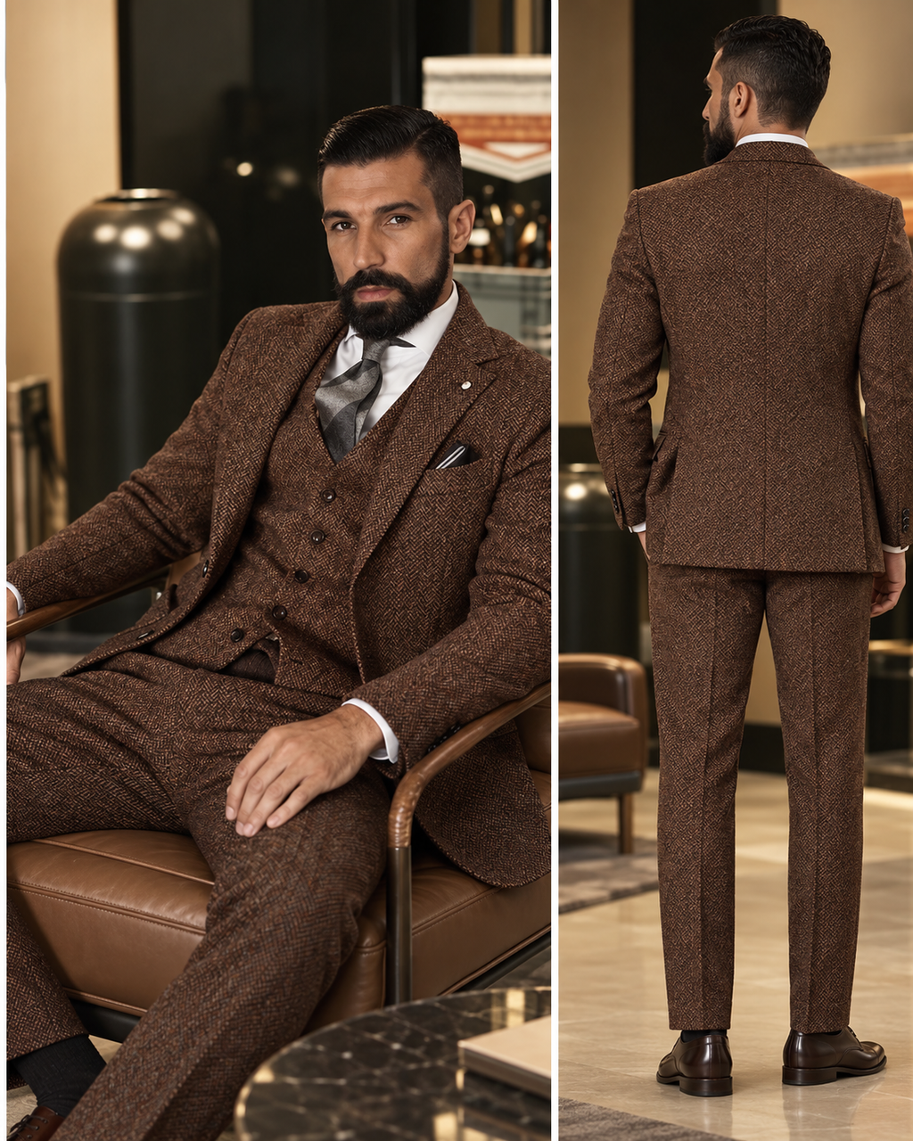 Traje Hombre Tres Piezas Espiga Estilo Británico Slim Fit Elegante