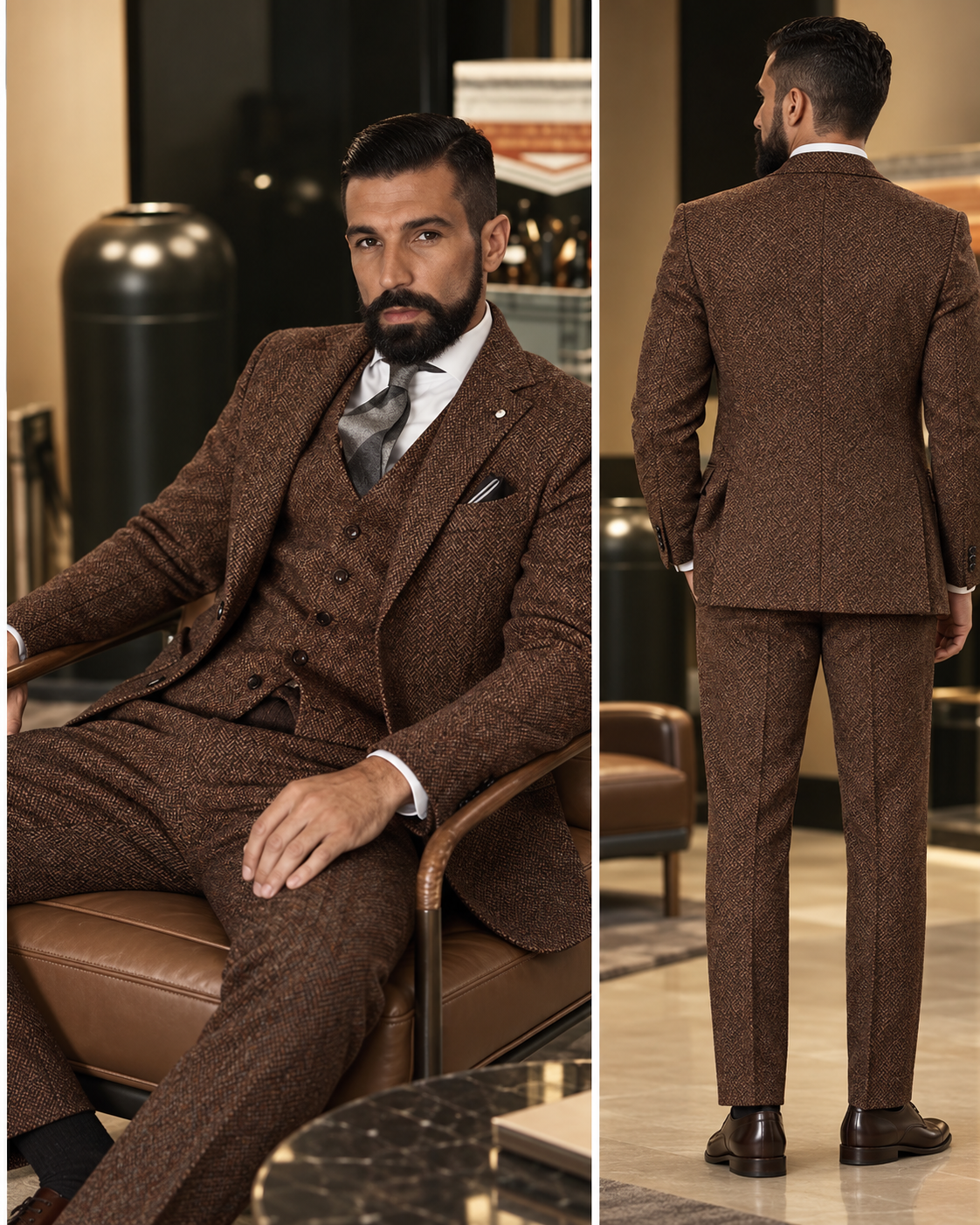 Traje Hombre Tres Piezas Espiga Estilo Británico Slim Fit Elegante