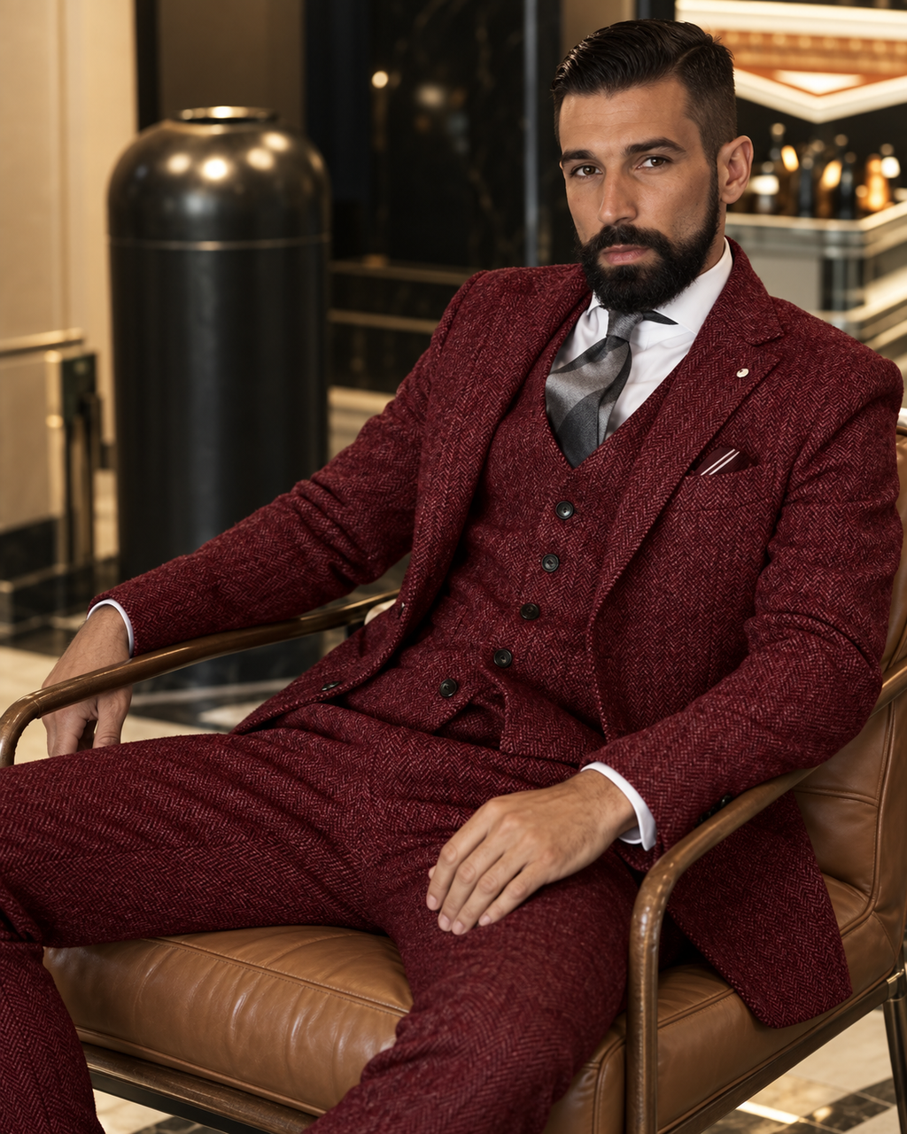 Traje Hombre Tres Piezas Espiga Estilo Británico Slim Fit Elegante