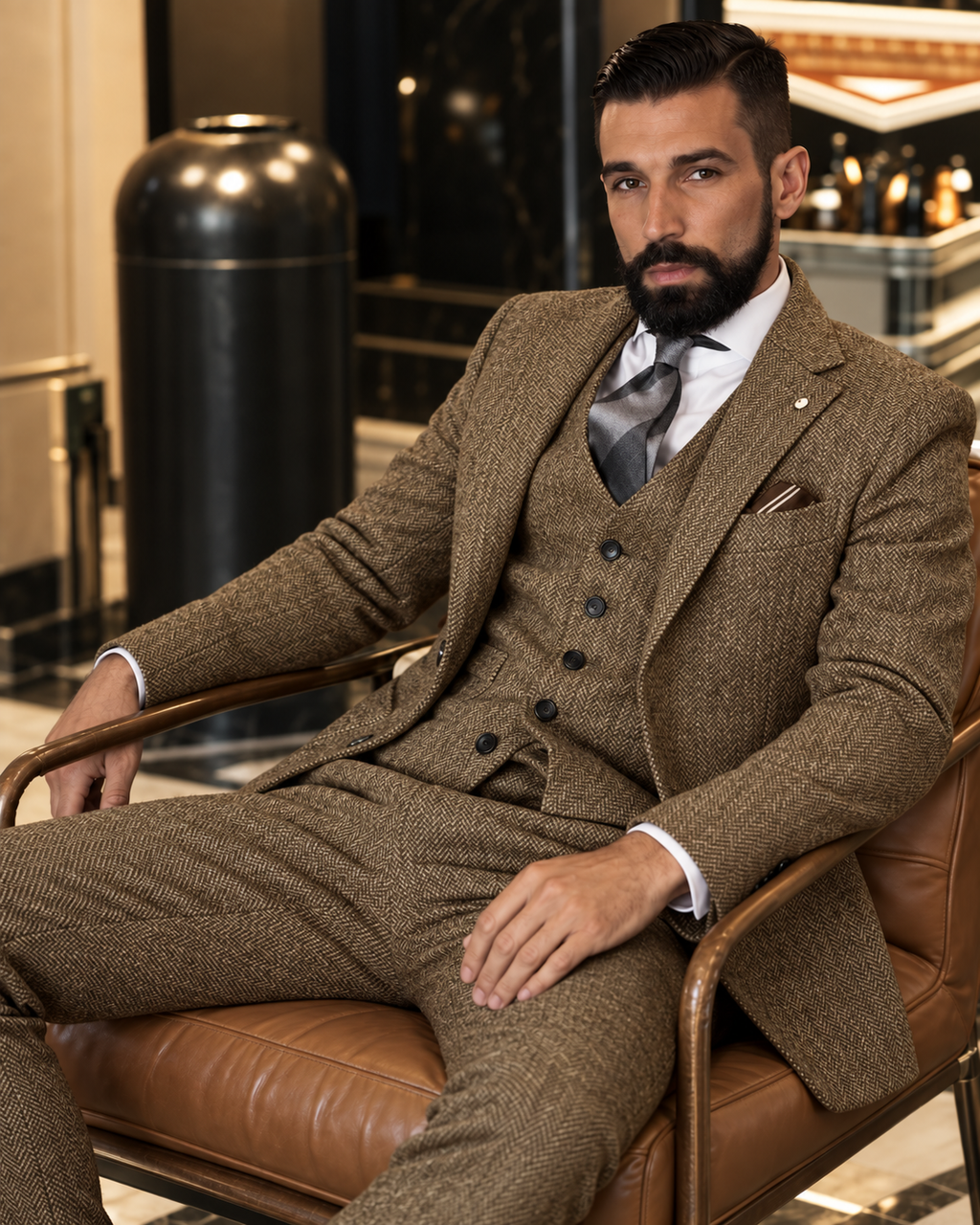 Traje Hombre Tres Piezas Espiga Estilo Británico Slim Fit Elegante