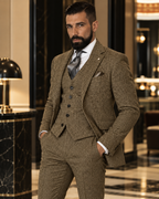 Traje Hombre Tres Piezas Espiga Estilo Británico Slim Fit Elegante