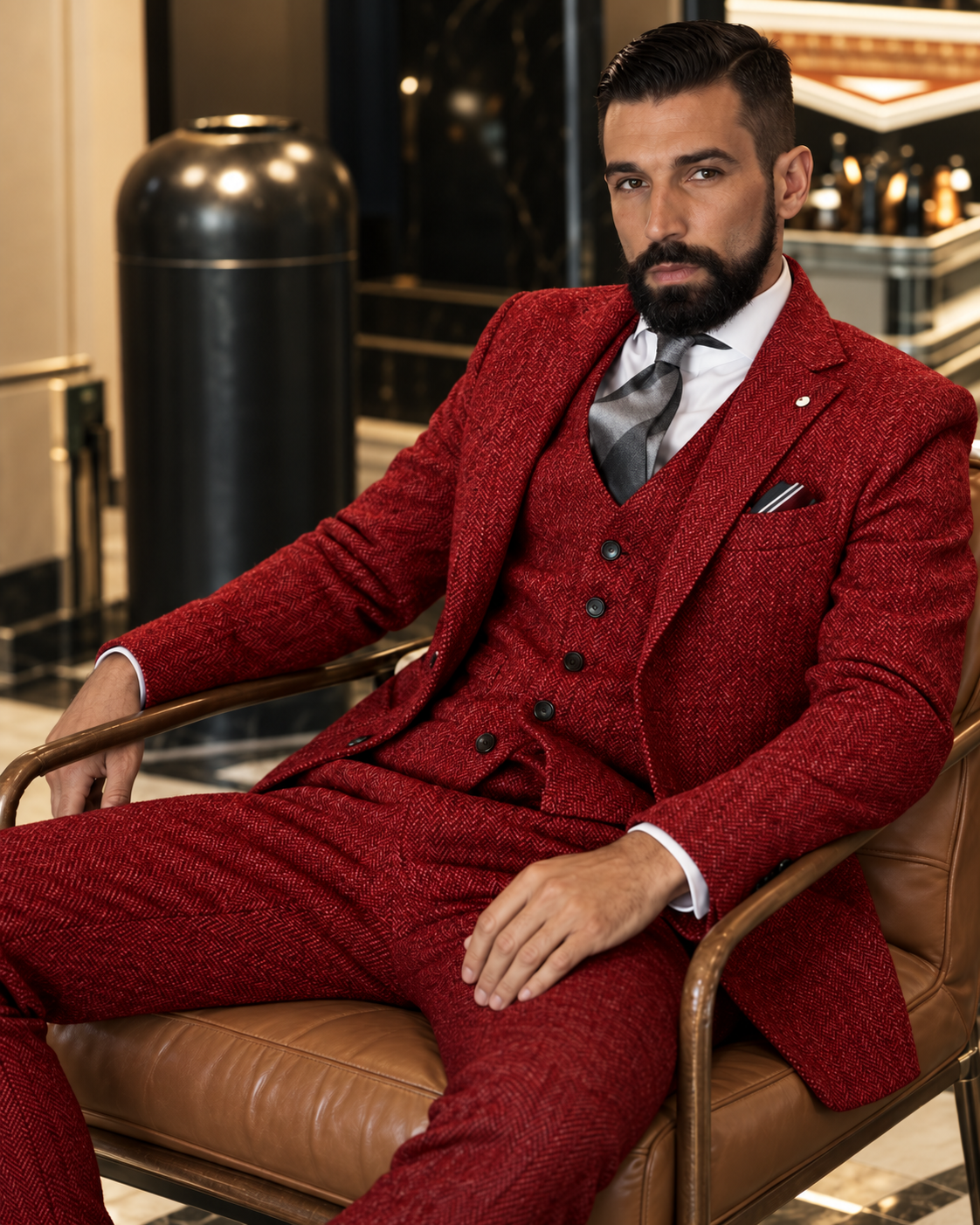 Traje Hombre Tres Piezas Espiga Estilo Británico Slim Fit Elegante