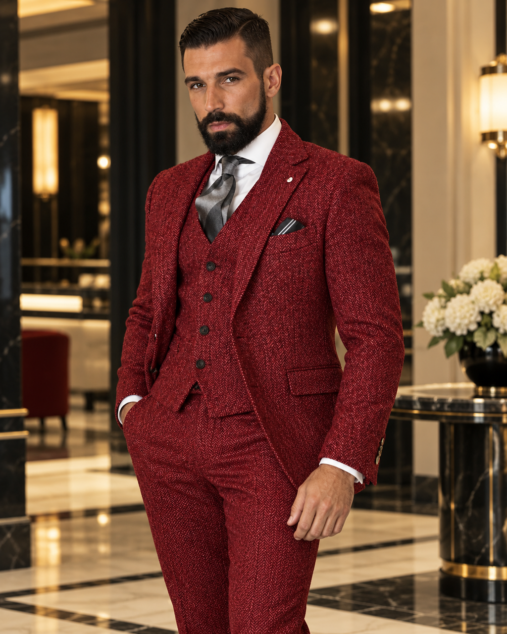 Traje Hombre Tres Piezas Espiga Estilo Británico Slim Fit Elegante