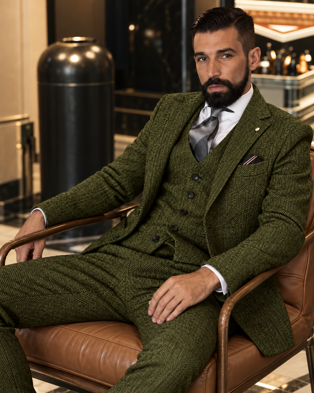 Traje Hombre Tres Piezas Espiga Estilo Británico Slim Fit Elegante