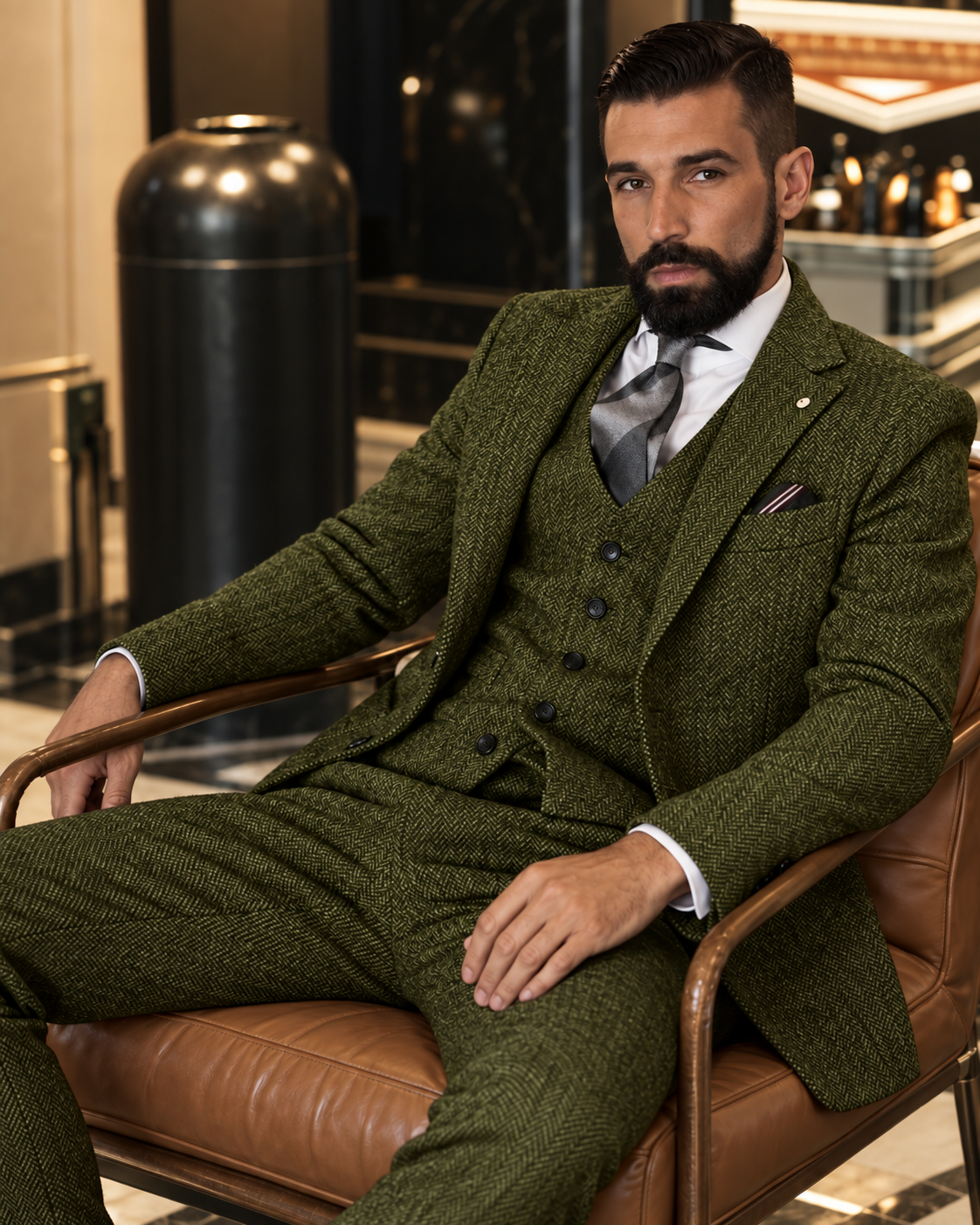 Traje Hombre Tres Piezas Espiga Estilo Británico Slim Fit Elegante