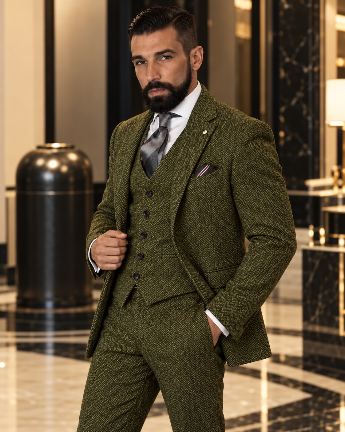 Traje Hombre Tres Piezas Espiga Estilo Británico Slim Fit Elegante