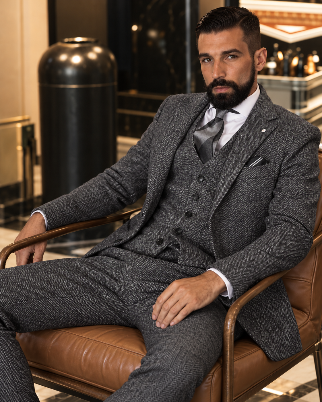 Traje Hombre Tres Piezas Espiga Estilo Británico Slim Fit Elegante