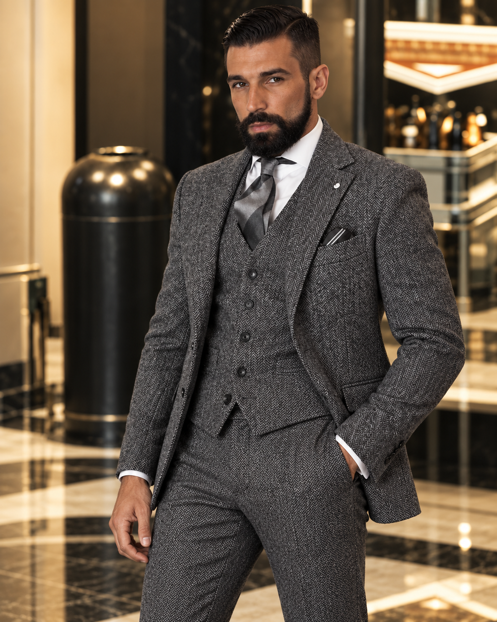 Traje Hombre Tres Piezas Espiga Estilo Británico Slim Fit Elegante
