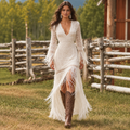 Vestido Largo Blanco Mujer Encaje Boho con Flecos - Vestido Invitada Boda Cuello V Otoño